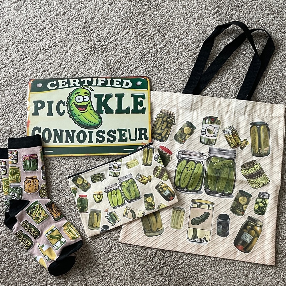 Pickle-Themed Sign, Tote Bag, Socks, and Pouch Set + BONUS fleece blanket